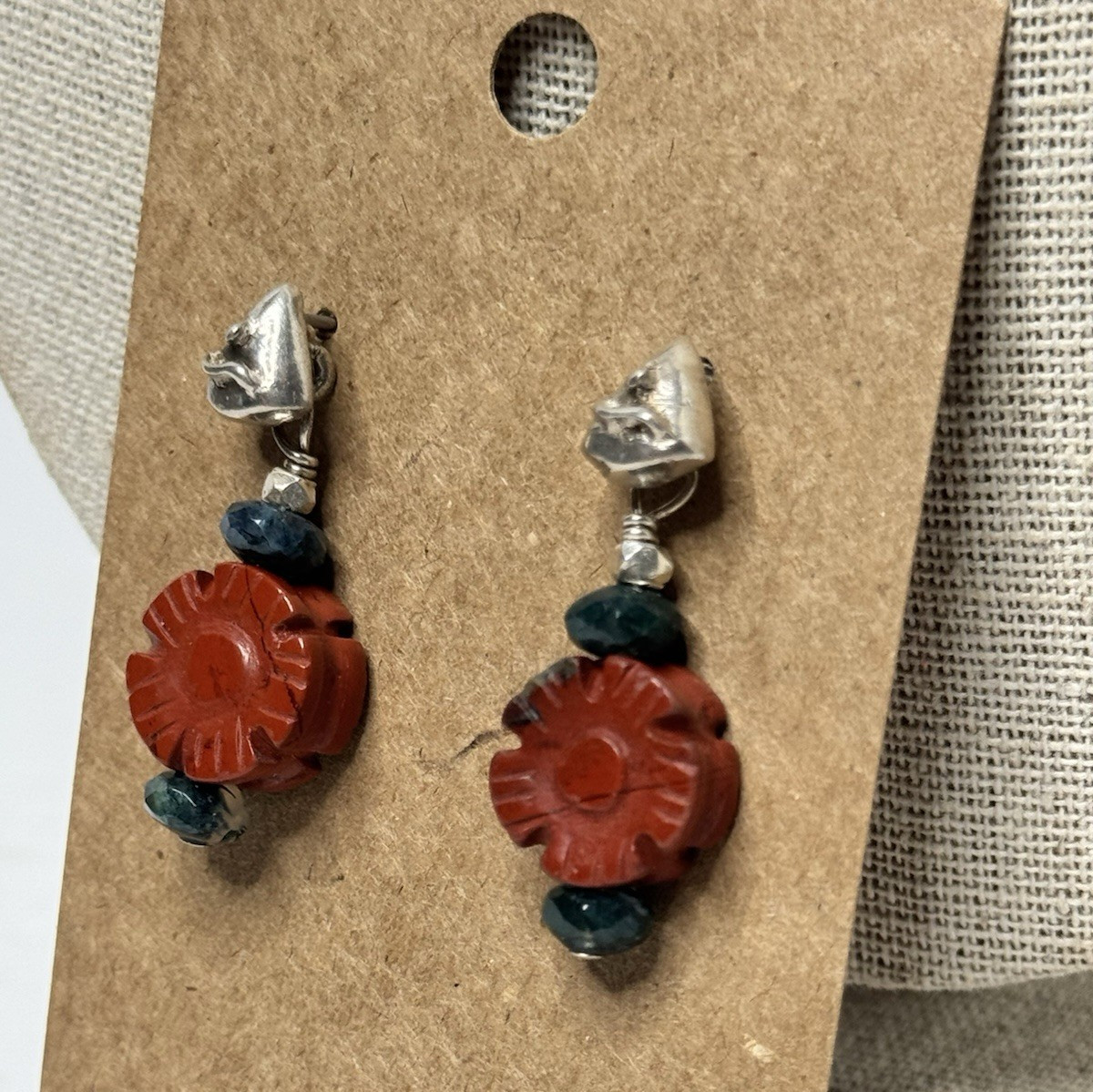 Pair Carved Carnelian (?) Flower Beaded Earrings Pierced Post dangle / drop Boho