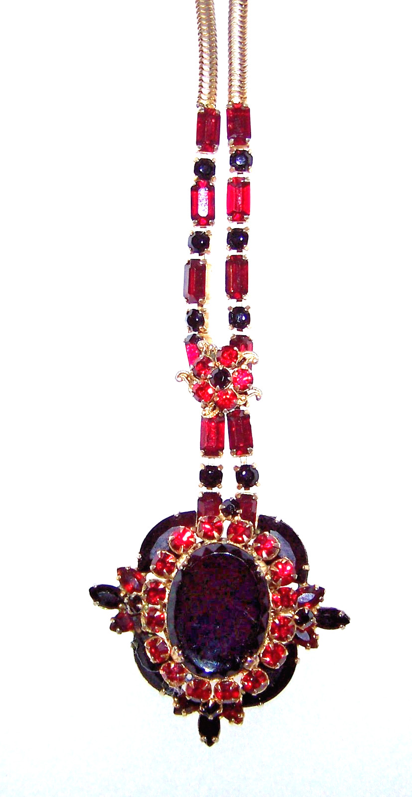 Vintage Red & Black Glass Rhinestone Pendant Necklace Prong Set Art Deco