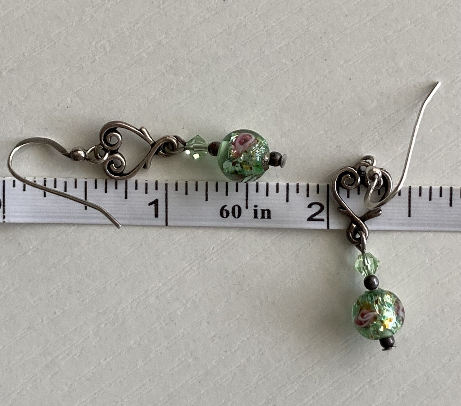 Sterling Silver Heart Round Glass Bead Earrings Dangle Drop Green Pink 1.75inch