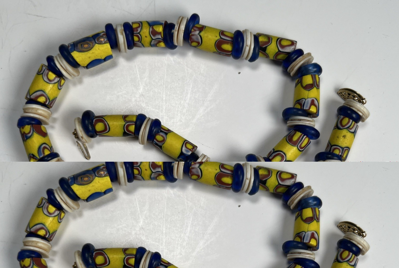 Matched Venetian Millefiori African Trade Bead Necklace 14kt GF Fish Hook Clasp