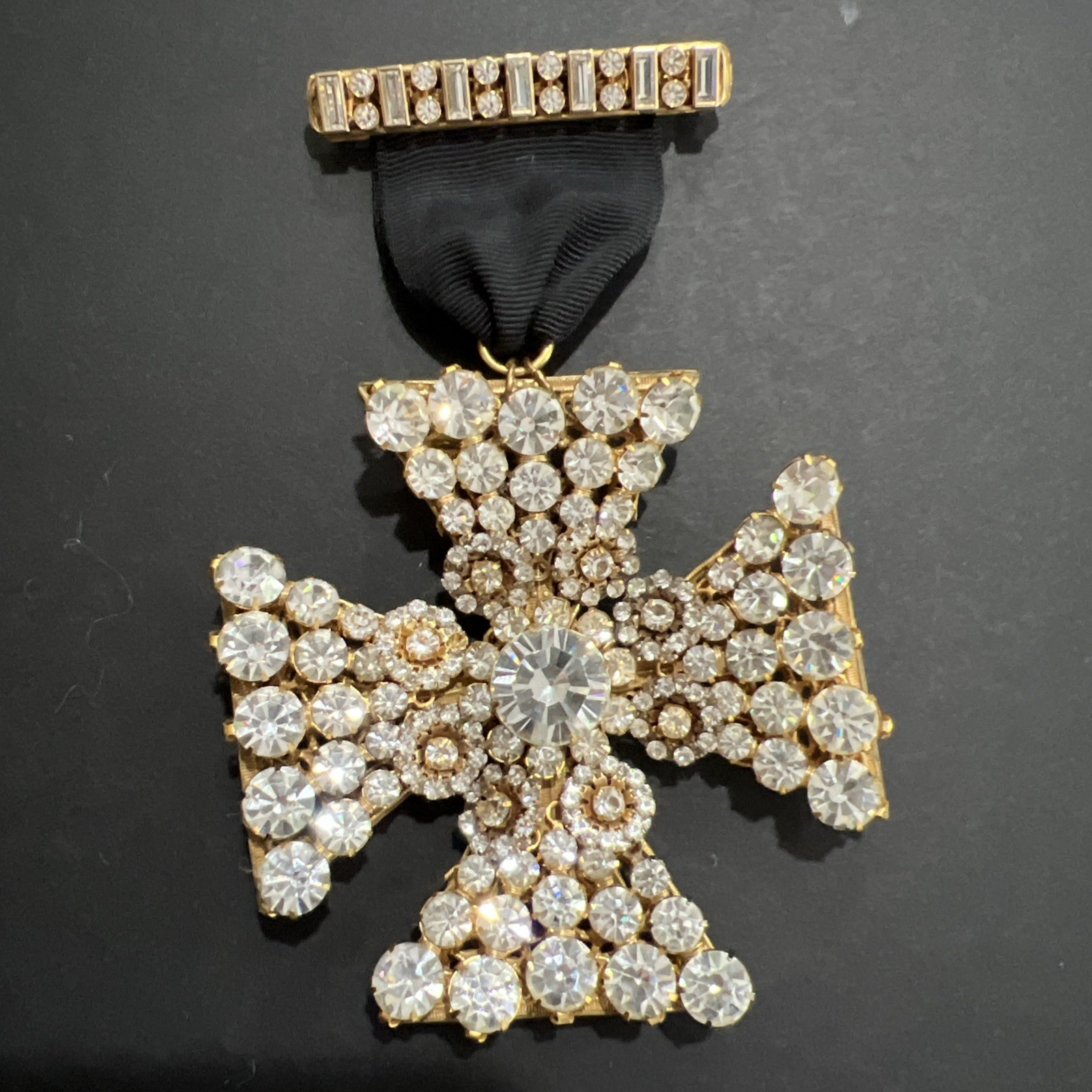 VTG. SIGNED MIRIAM HASKELL RHINESTONE MALTESE CROSS on RIBBON & CROSS BAR BROOCH