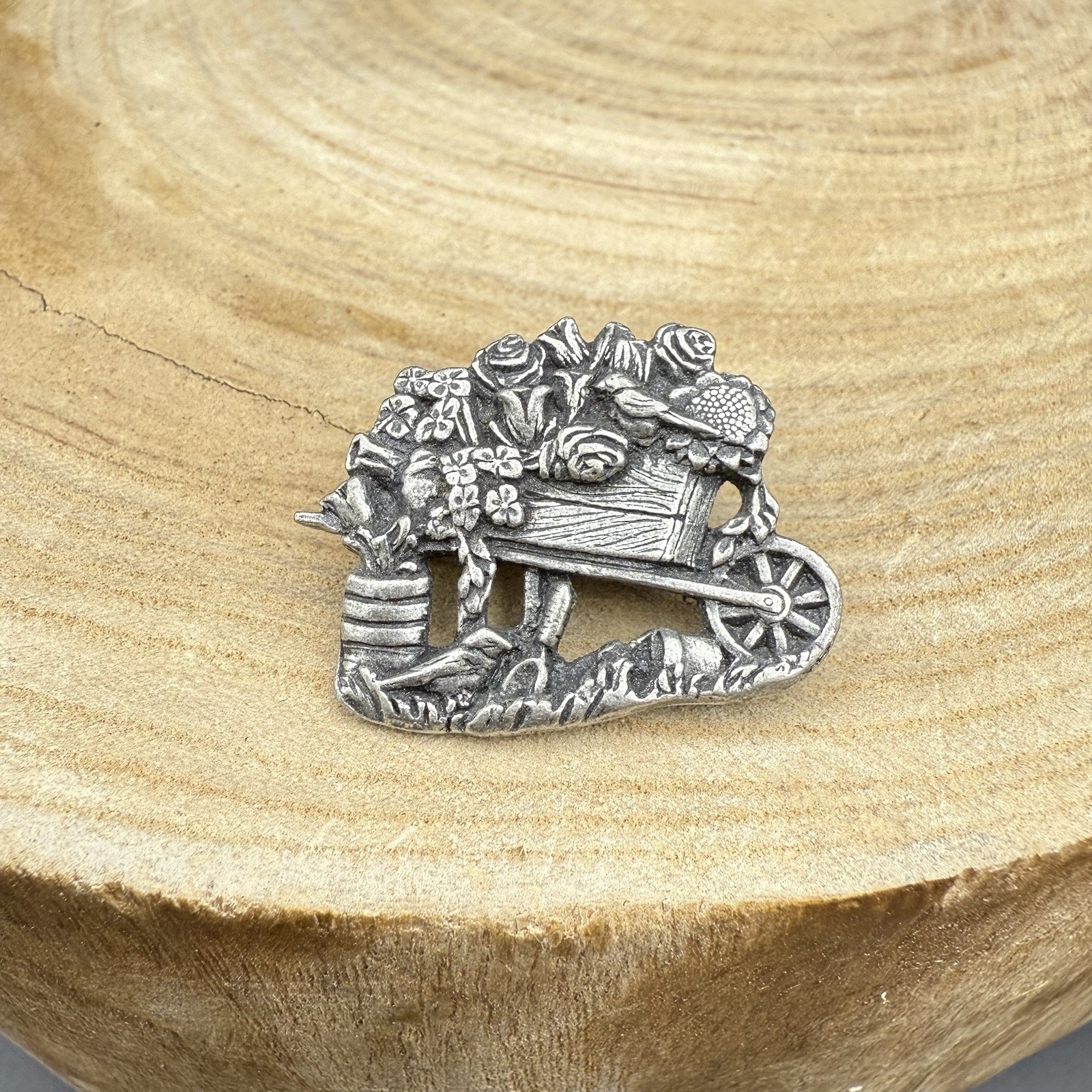 Vintage Birds & Blooms Limited Edition 2001 Pewter Flower Wheelbarrow Brooch Pin