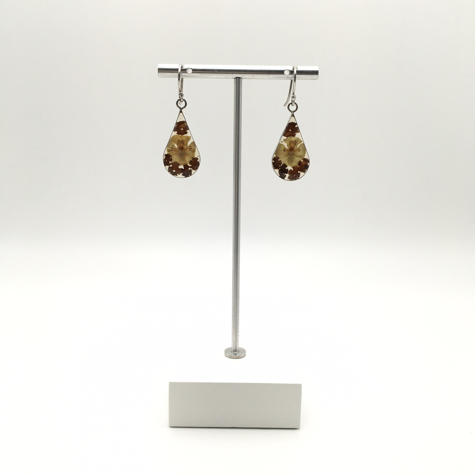 Sterling Silver ATI Dried Flower Resin Teardrop Dangle Earrings 925 Mex 4.5g #61