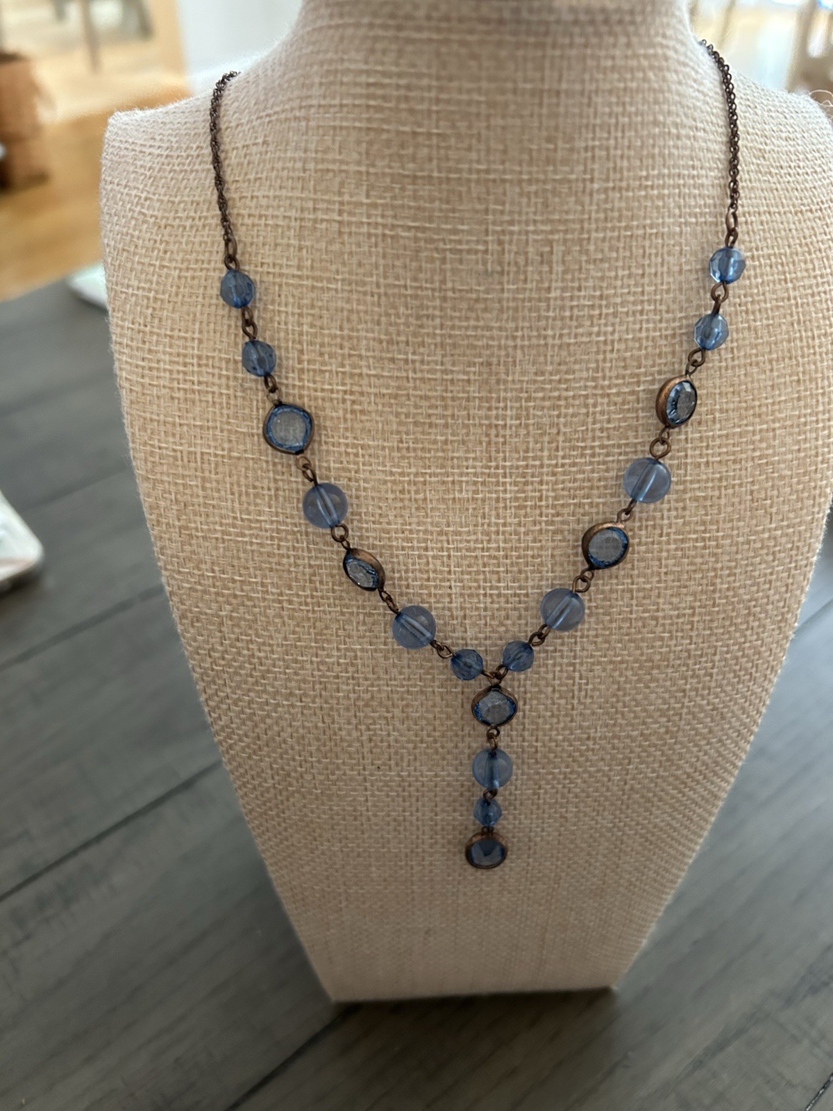 Vintage 1928 Smoky Blue Beads On 16” Bronze Chain With 3” Extender