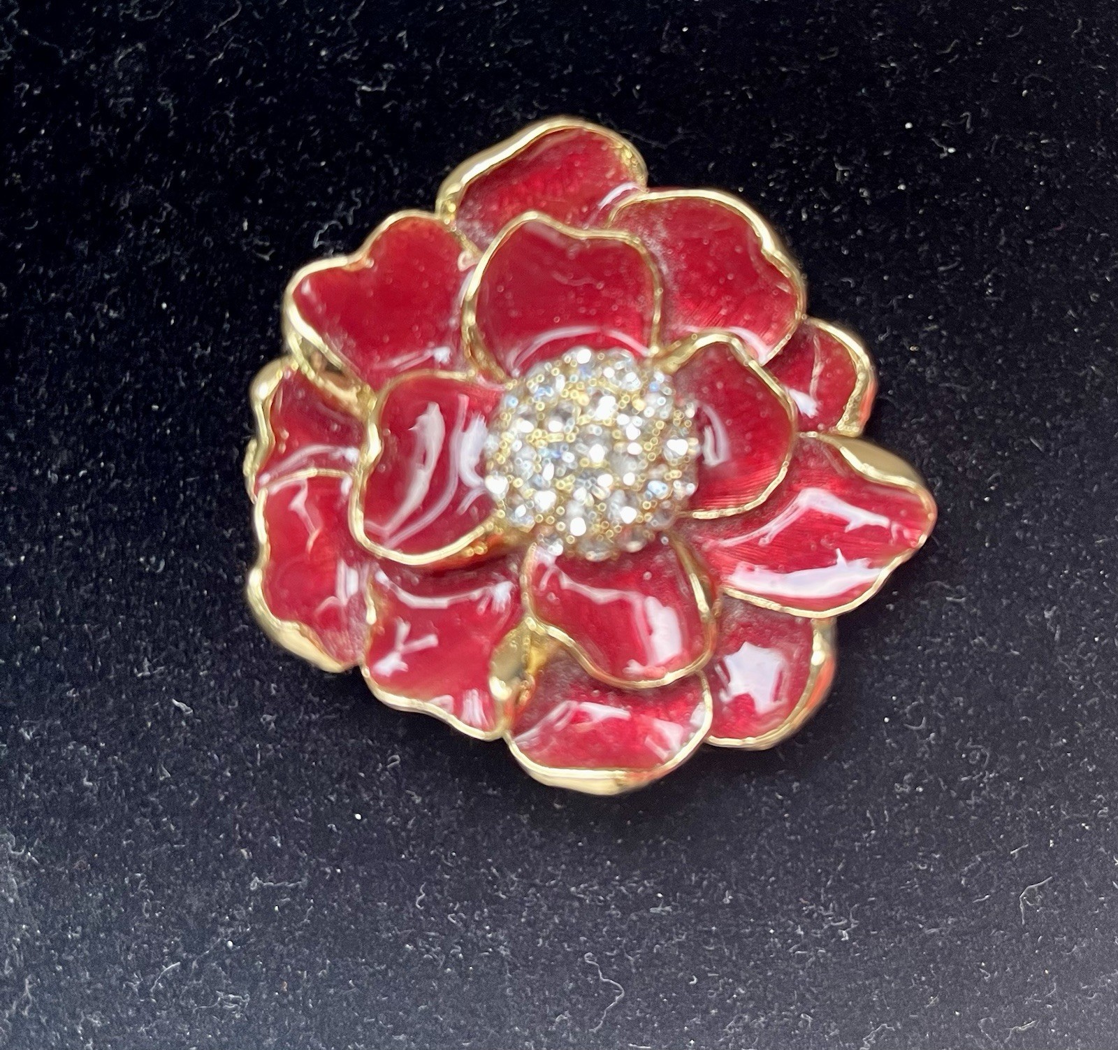 Vintage Monet Signed ENAMEL Red Poppy Flower Brooch-Pin Gold Tone & Rhinestones