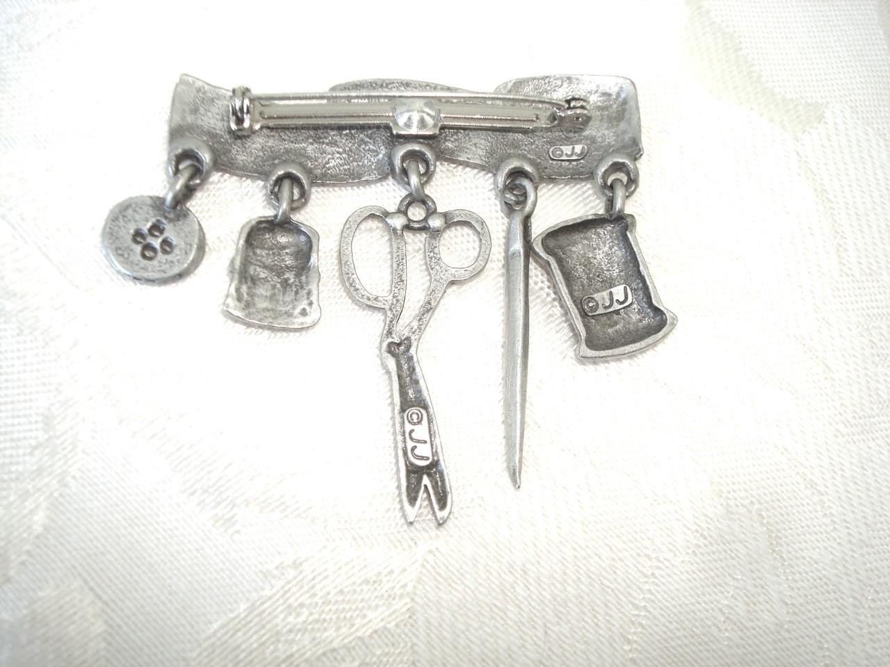 Vintage JJ Jonette Pewter Tape Measure Brooch Thimble Needle Thread Etc. Charms