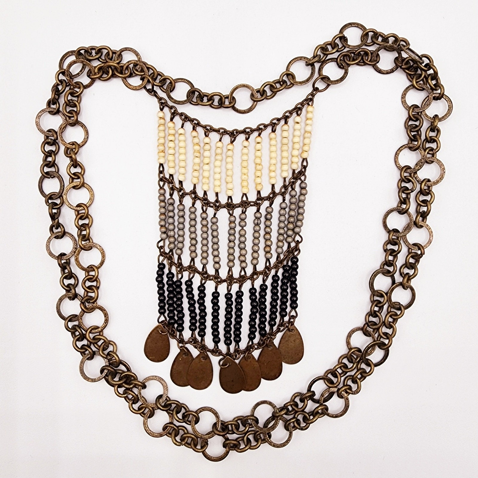 1970s Boho Fringe Beaded Necklace Brass Coin Dangles 38” Long Layering Chain