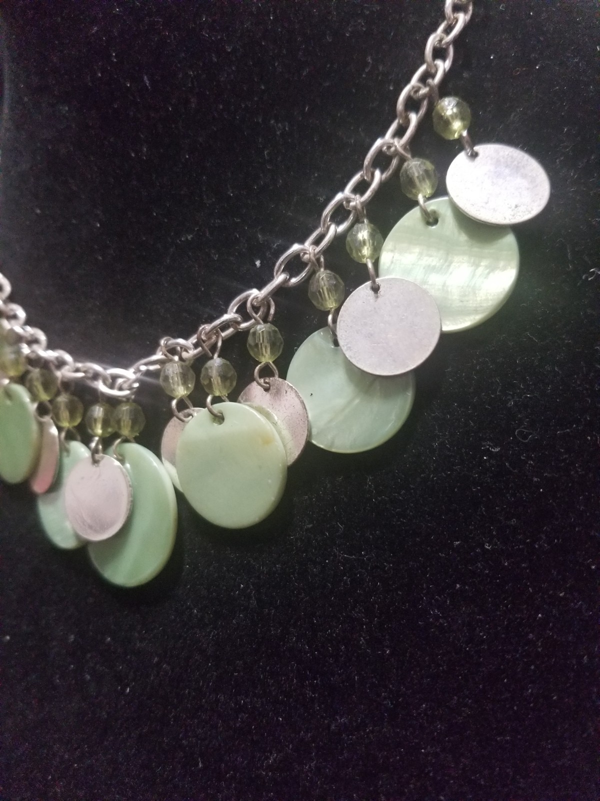 Vintage Necklace & Earrings Set Silvertone With Green Shells And Beads 18 Inches
