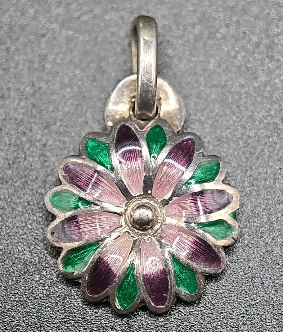 ​Vtg Mexico 980 Silver Enamel Flower Pendant Purple Green Daisy Taxco…
