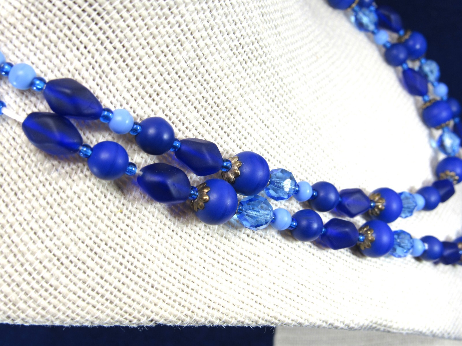 Vintage Blue and Purple 2 Strand Art Glass Bead Necklace with Sea Glass Finish.