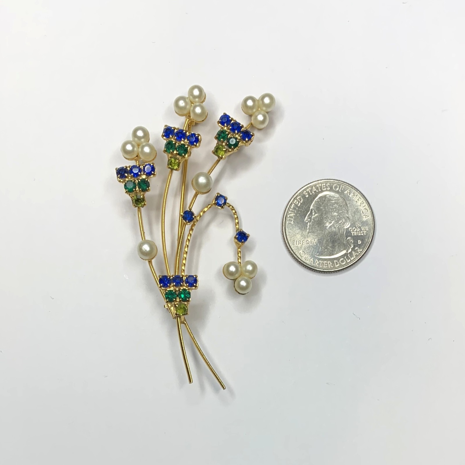 Vintage Blue & Green Rhinestone Faux Pearl Flower Bouquet Brooch Gold Tone