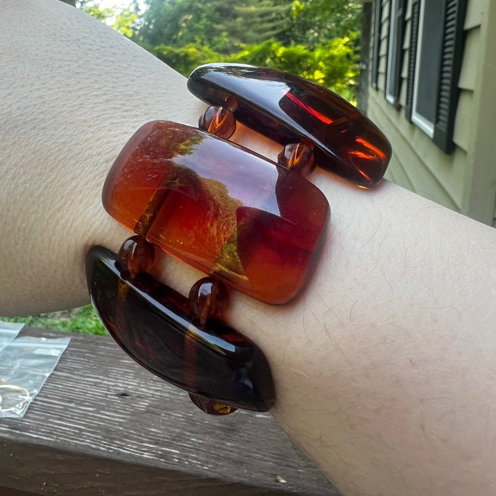 Vtg Chunky Faux Amber Resin Stretch Bracelet Congnac Brown Lucite Acrylic