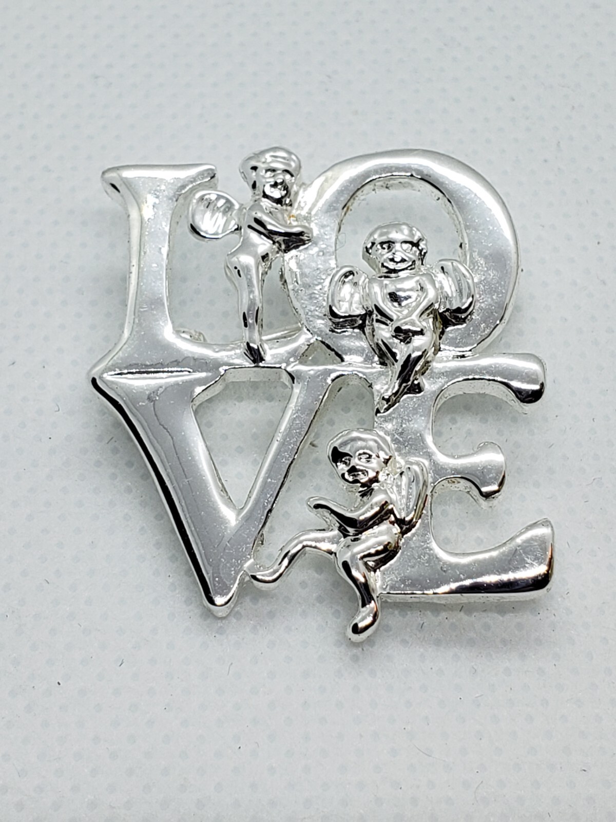 Vintage Silver Tone Love Brooch with 3 Angels