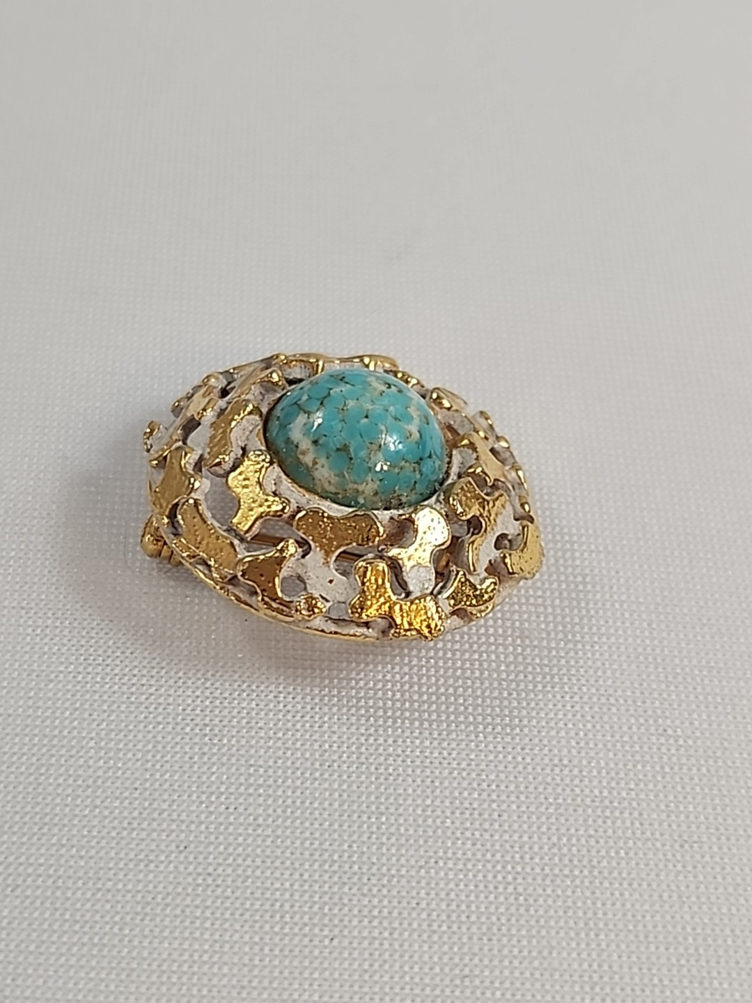 VTG Signed Zentall Antiqued Gold Tone Brooch Pin Stone Cabochon