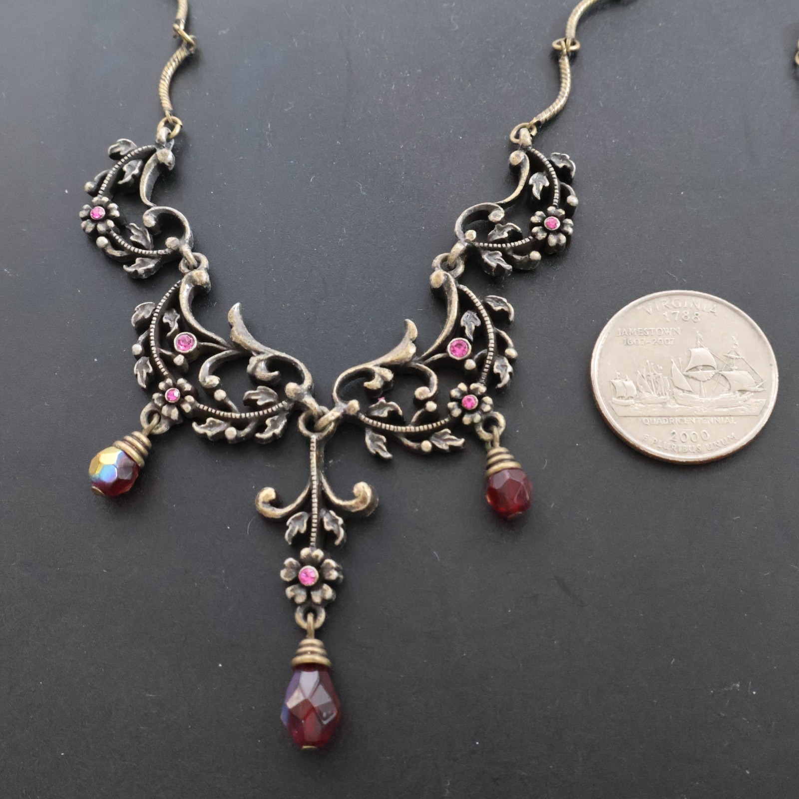 Vintage AVON Victorian Revival Floral Filigree Red AB Crystal Dangle Necklace