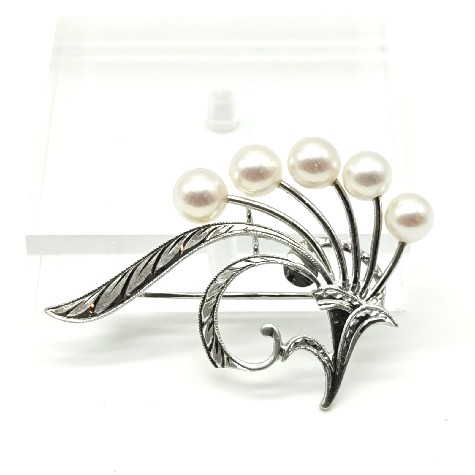 Vintage Mikimoto 5 Akoya Pearl Sterling Silver 925 Floral Design Small Brooch
