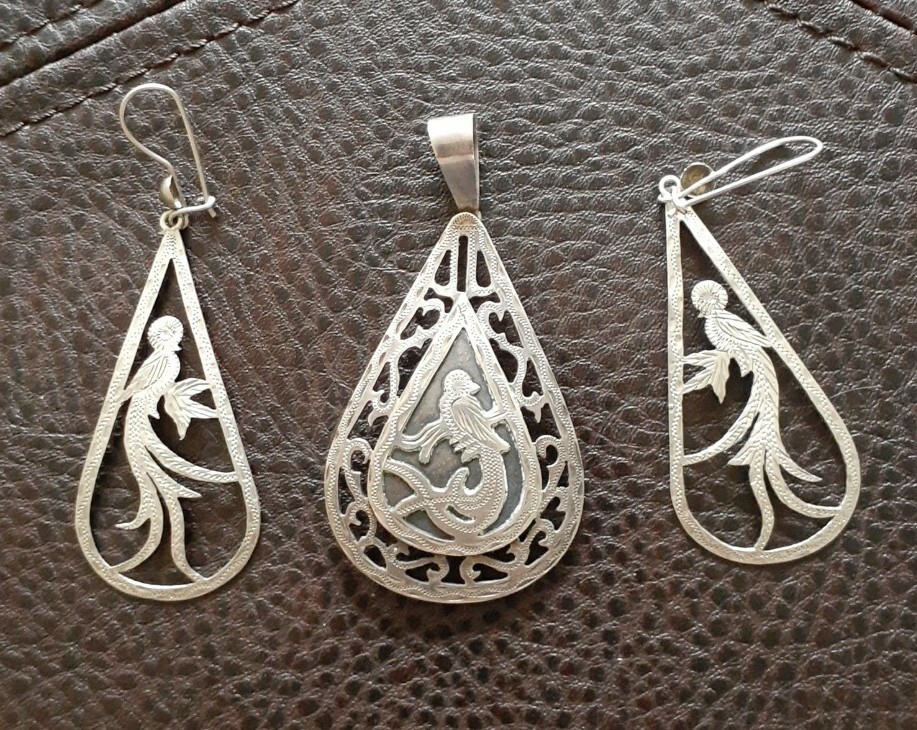 Vintage Guatemala 900 Silver Bird Of Paradise Pendant Earrings Set