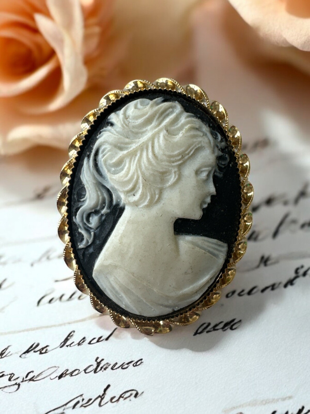 Vintage Cameo Brooch, Black & Off White GoldTone Oval Pin Brooch Antique Auction