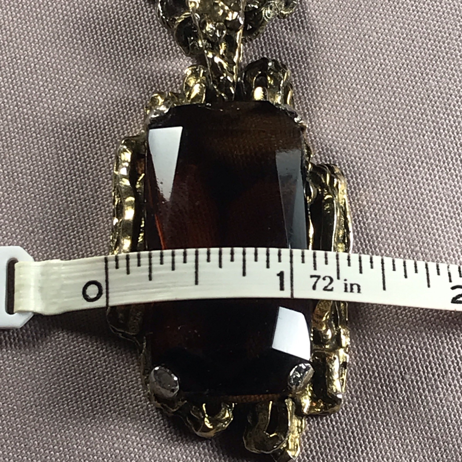 VTG. Art Deco ZENTALL Amber Glass Pendant Necklace Ornate Gold Tone Chain