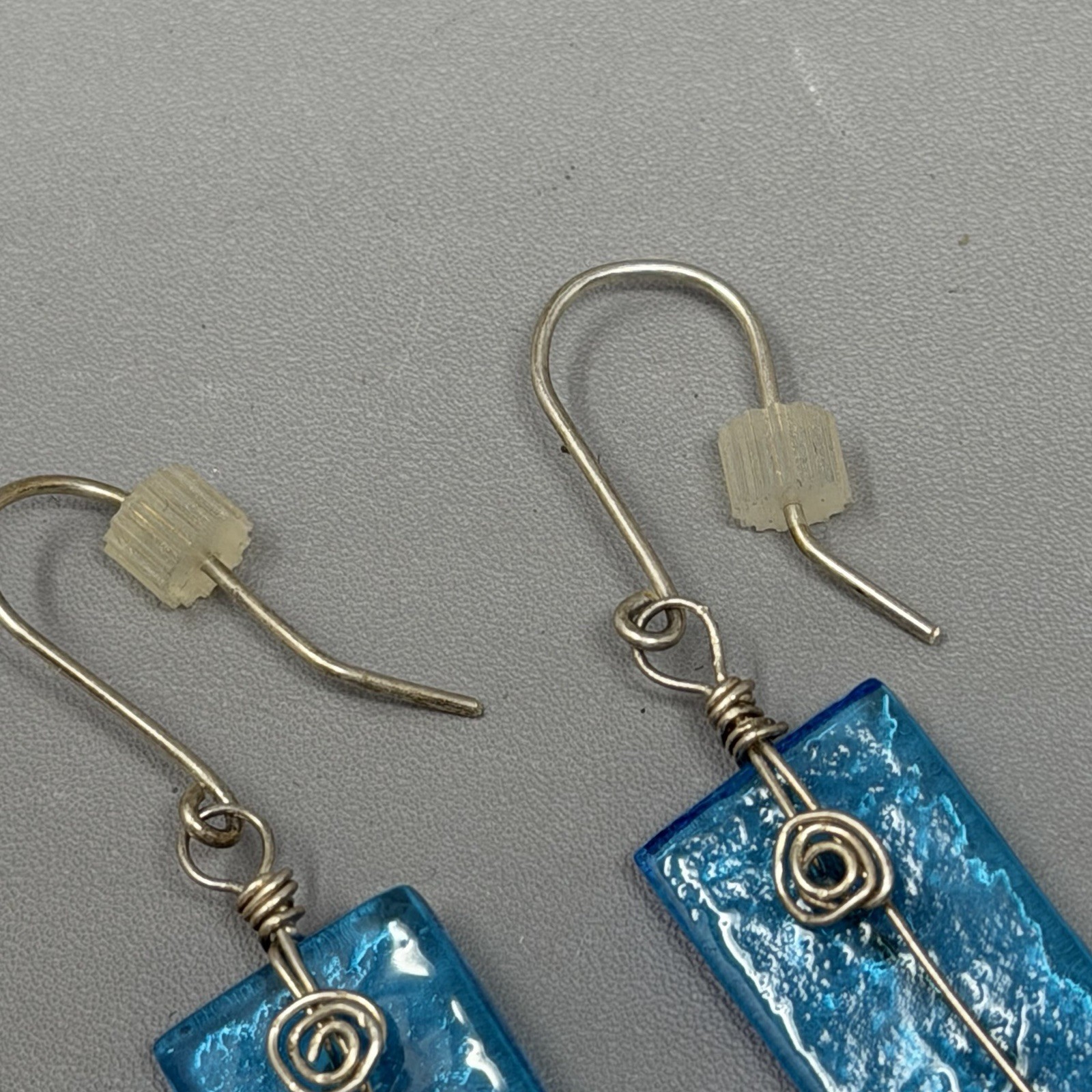 Blue Glass Bead Earrings Wire Wrapped Rectangle Dangle Drop Pierced Bohemian