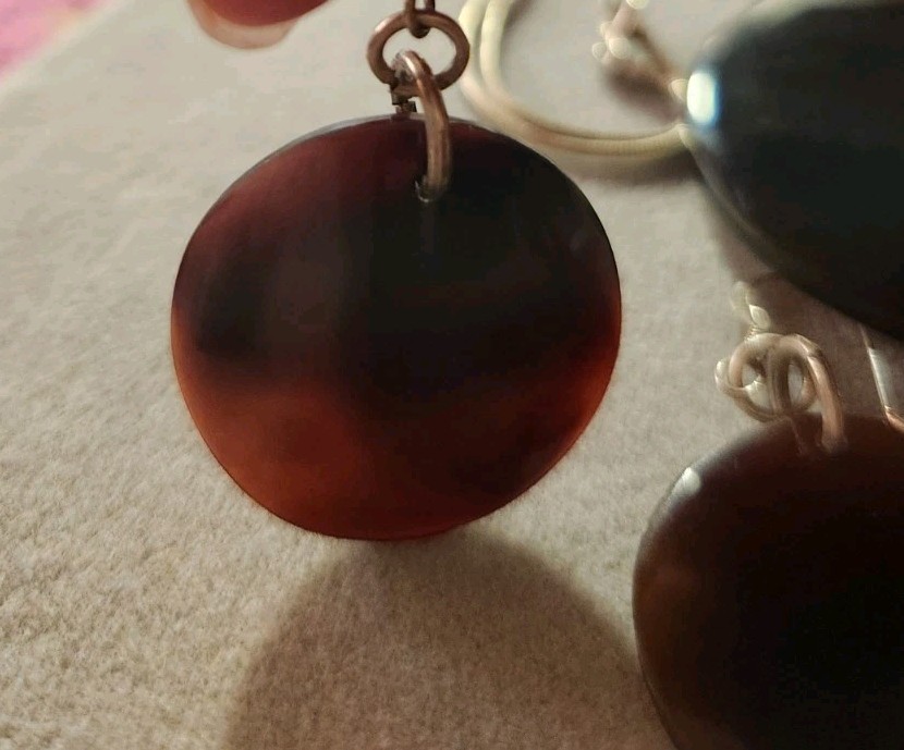 Vintage Brown Round Shell Sterling Silver Pendant Chain & Dangle Earring Set