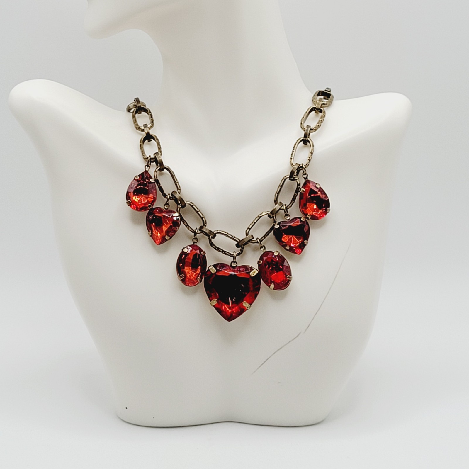 Red Acrylic Gem Statement Red Heart Brass Tone Large Link Vintage Necklace 17 In
