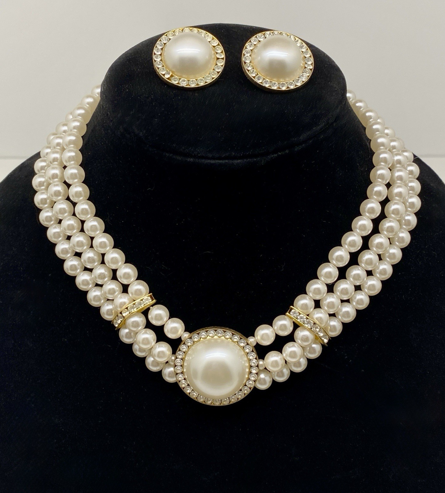 Vintage Lot of 2, Black, White Multi Strand Faux Pear Necklaces & Earrings Sets