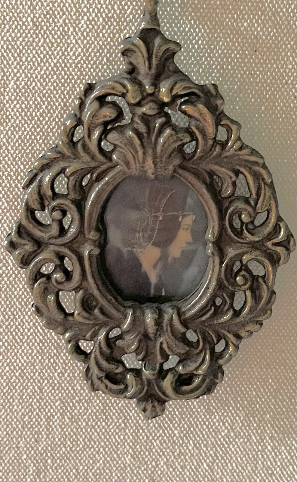 1840 Italian Portrait Pendant ST CECILIA with Harp Enamel Miniature Rome Bronze