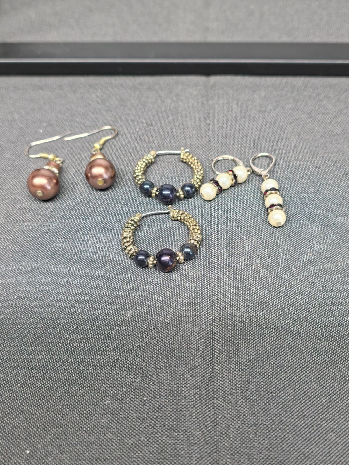 Lot of 3 Vintage Pearl Dangle Earrings Rhinestone Rondelle Hoop Latch Leverback