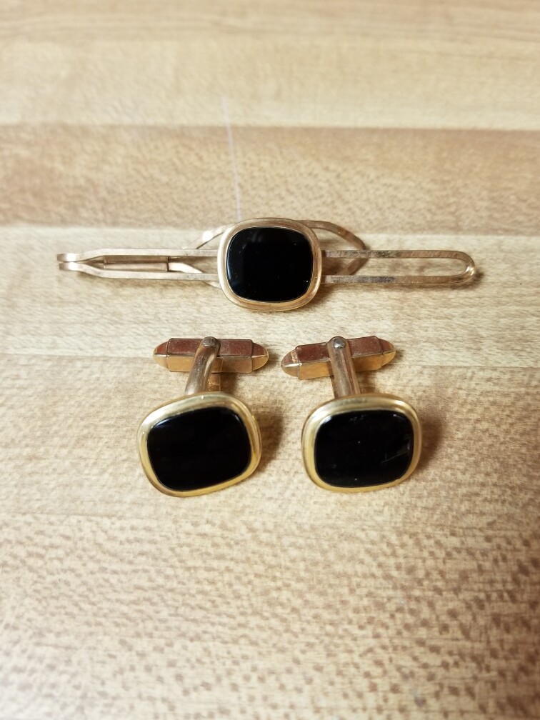 Wells Cuff Links & Tie Clip with Black Stone 1/20 12KGF