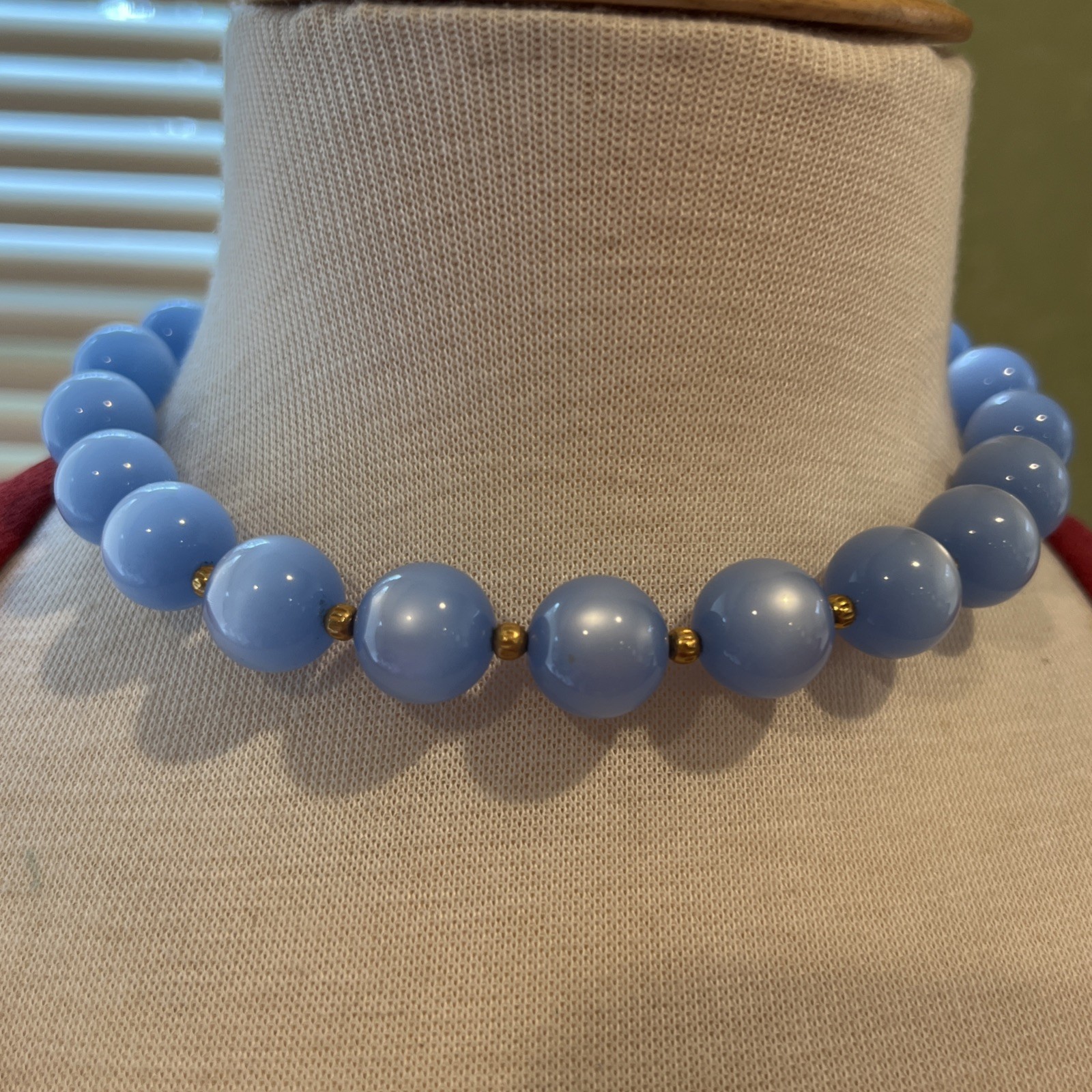⁠Vintage Blue Moonglow Lucite Bead 15”-17”Necklace Chunky J-Hook Choker
