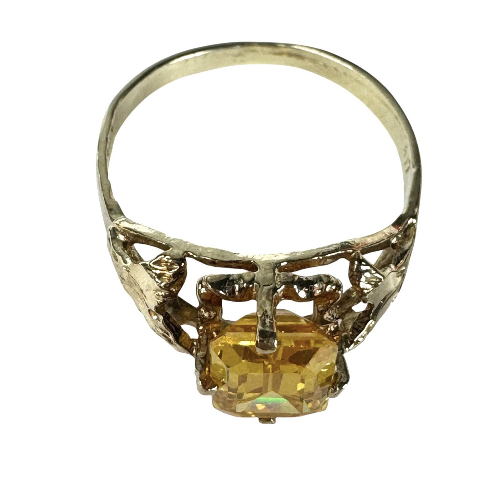 Vintage Art Deco Ring 10 K Yellow Gold & Emerald Cut Yellow Crystal CZ Sapphire