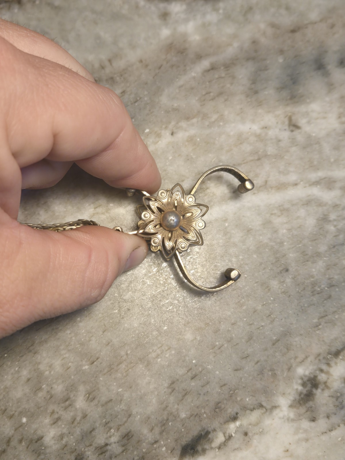 Gold Tone Engraved Flower Dress Clip w/ Chain, Round White Pearl Center
