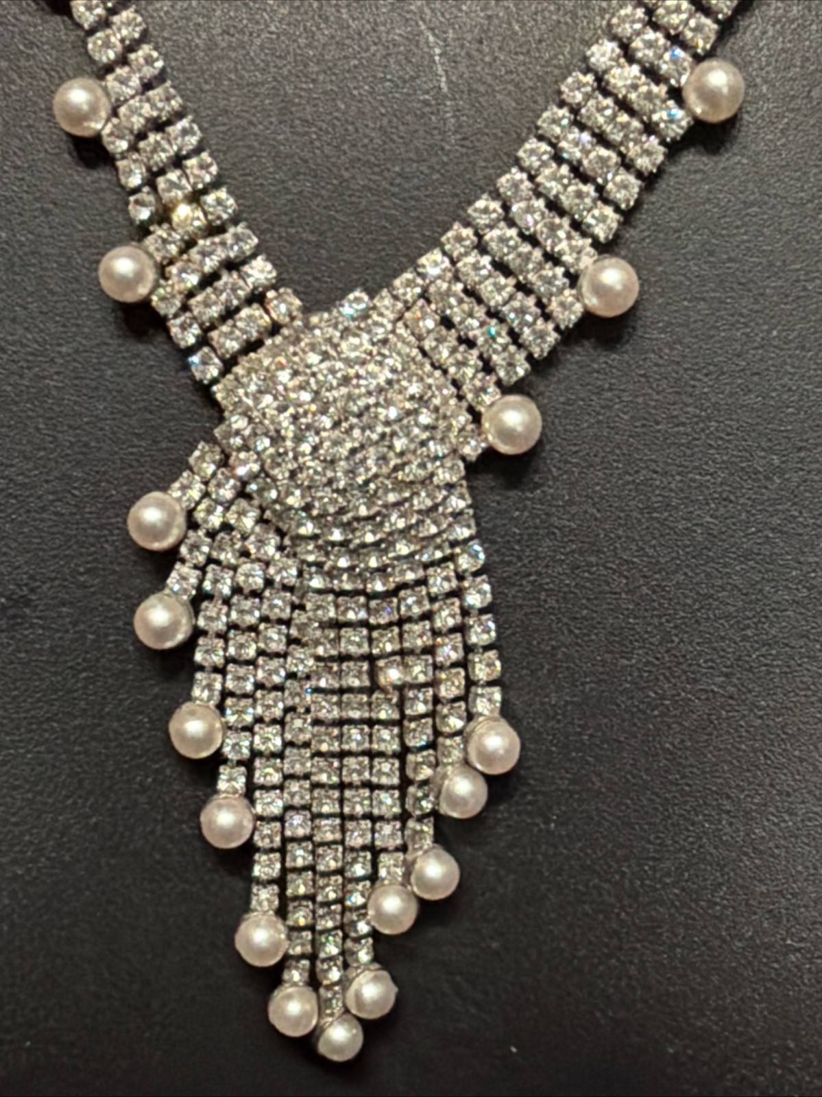 Vintage Rhinestone Swirl Glamour Pearl Dangle Necklace High End Costume Jewelry