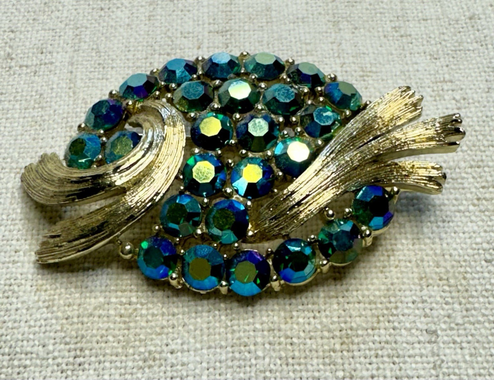 Vintage Signed Lisner Teal Blue AB Gold Tone Swishes Brooch Rare Beauty!