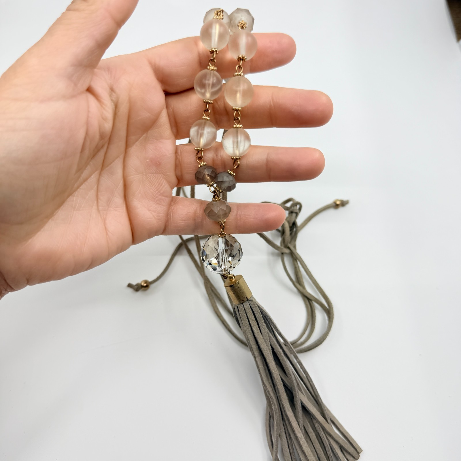 Vintage Boho Suede Tassel Pendant Necklace Gray Glass Beaded Long Statement