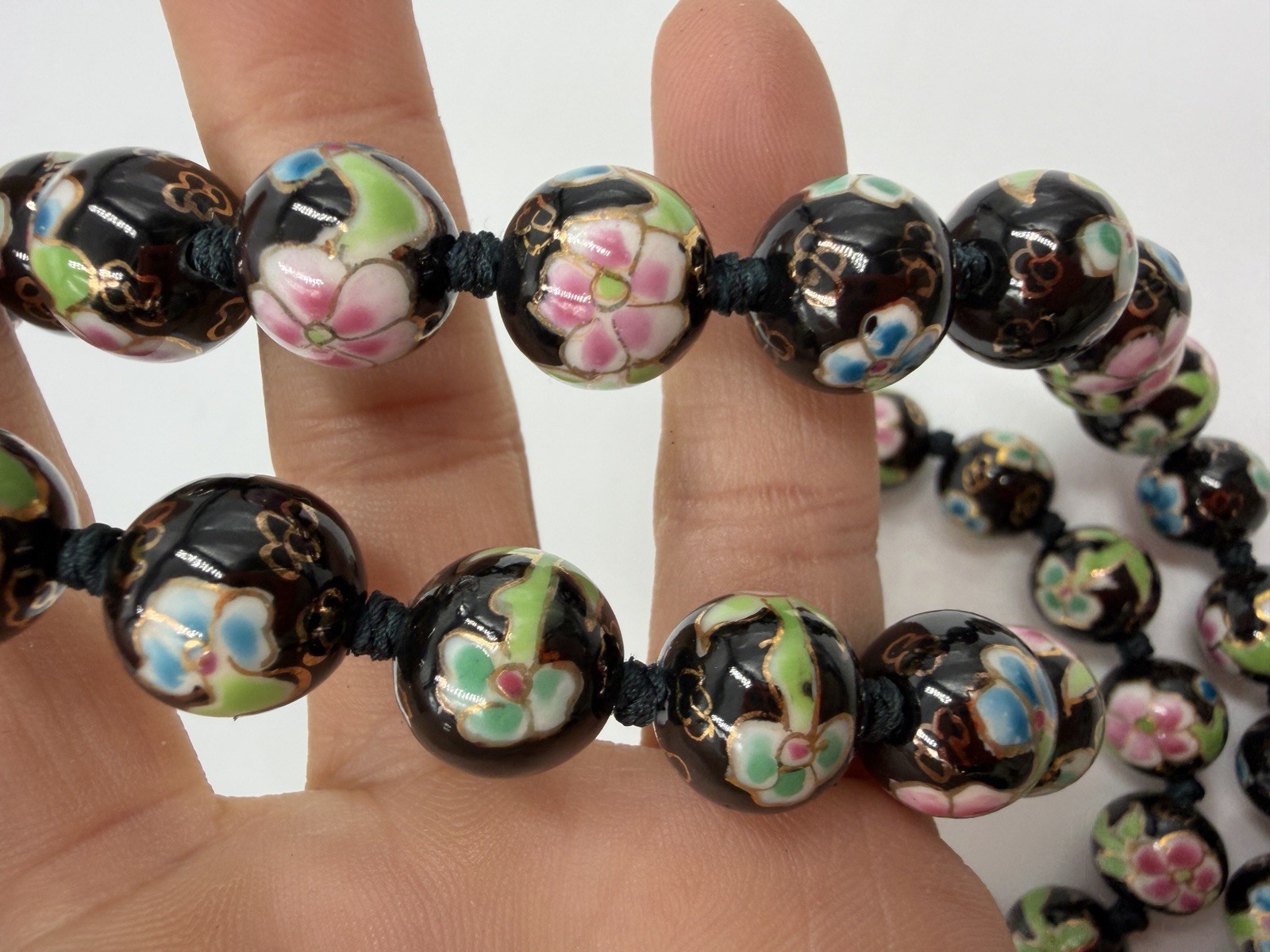 Vintage Necklace Chinese Export Black Round Floral Hand Knot 26 in 11mm