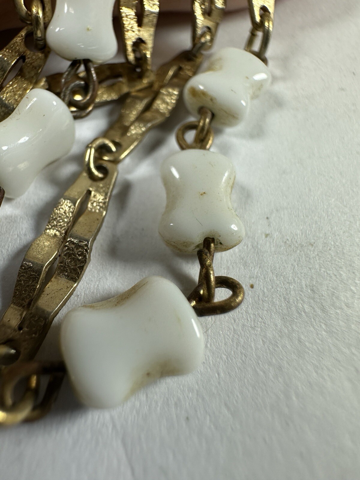 Vintage Necklace Chain White Glass Bead Teeth Station Bar Link 54 Inches