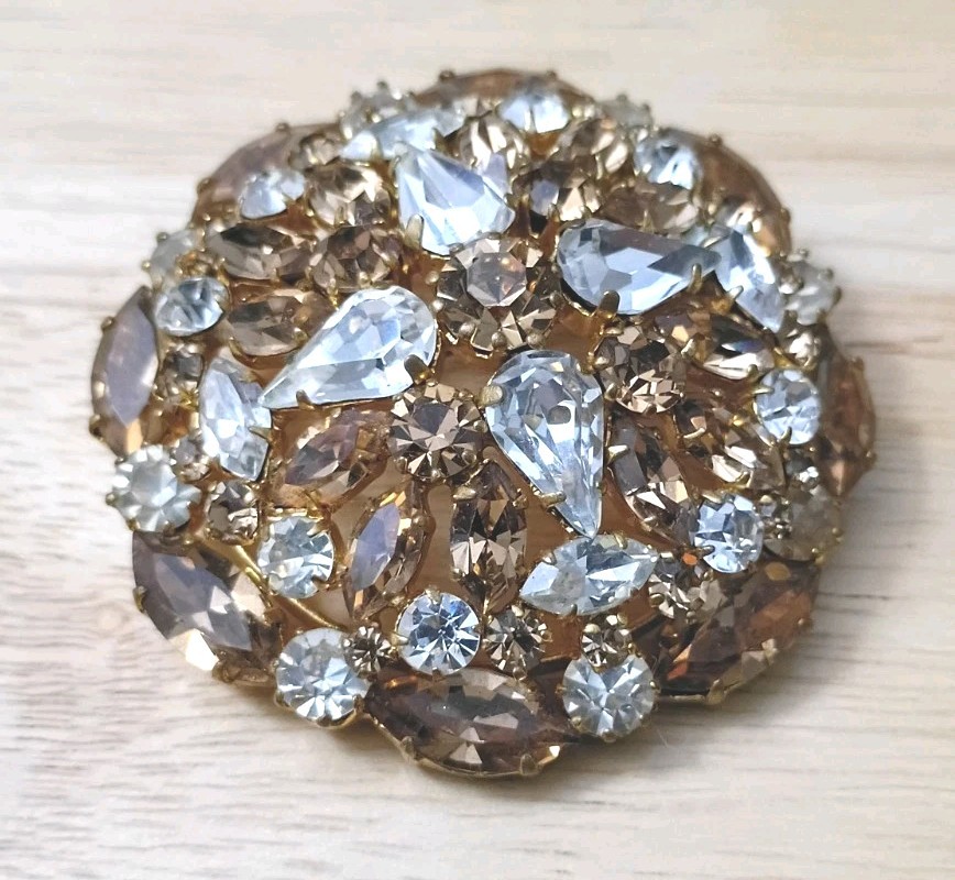 Large Vintage Austria Topaz Clear Crystal Round Circle Domed Brooch Pin (nice)