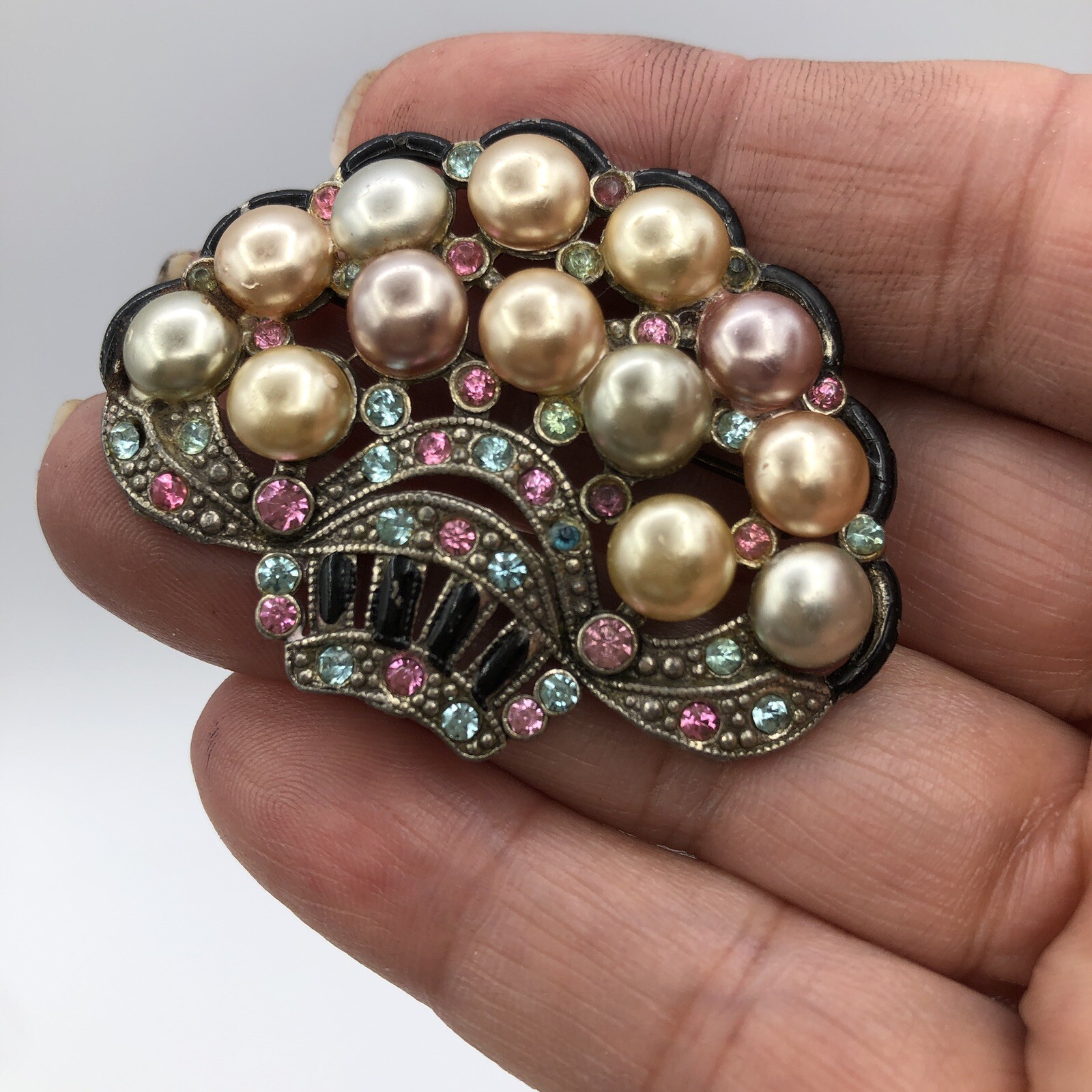 Vintage New England Glass Works Brooch Pastel Pearl Rhinestone Basket Brooch