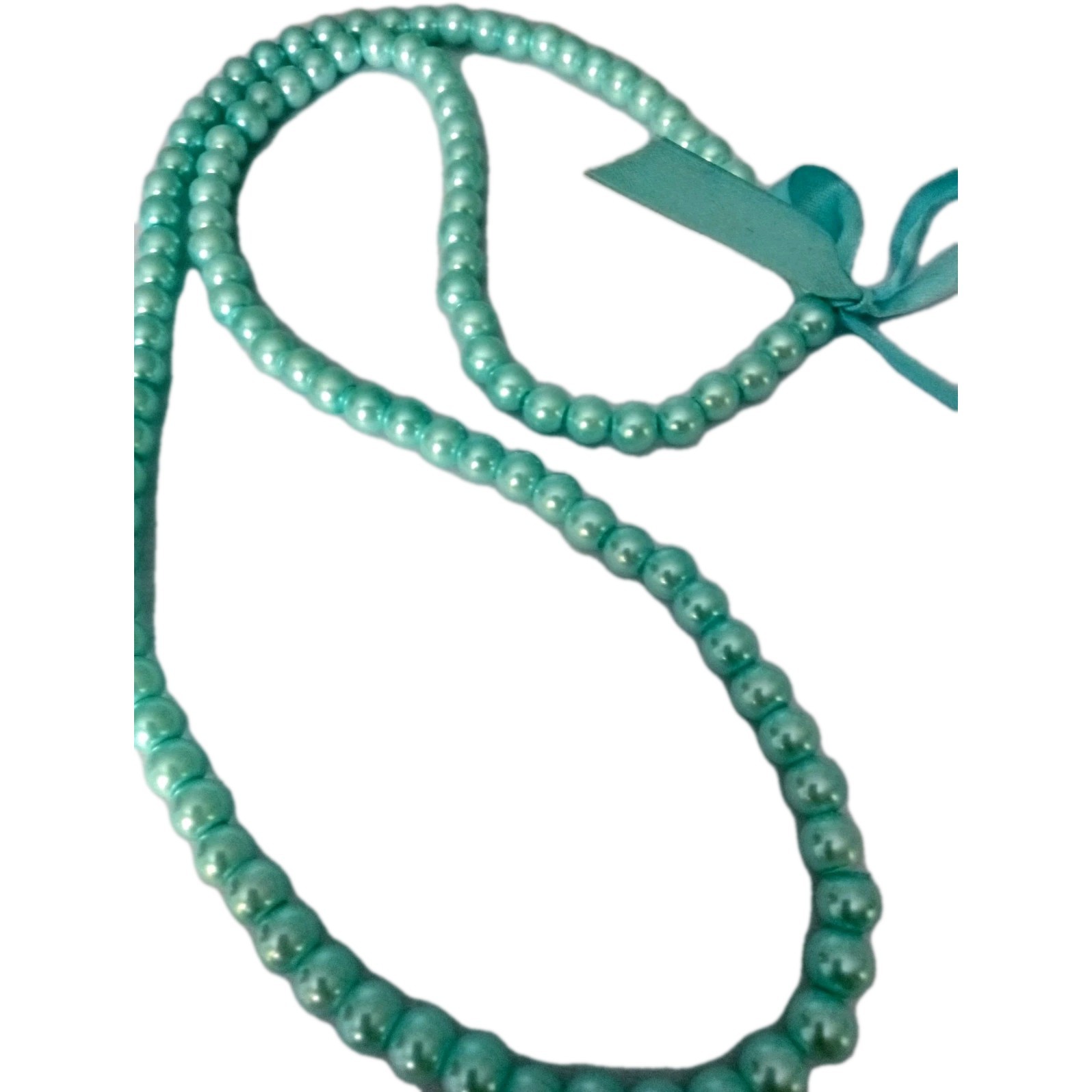 Vintage Faux Pearl Aqua Necklace Ribbon for Bow 30 in No Clasp