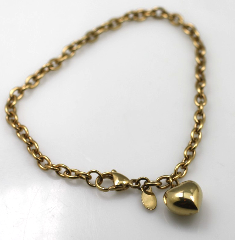 Milor Stainless Steel gold tone charm link puff heart charm bracelet 9″