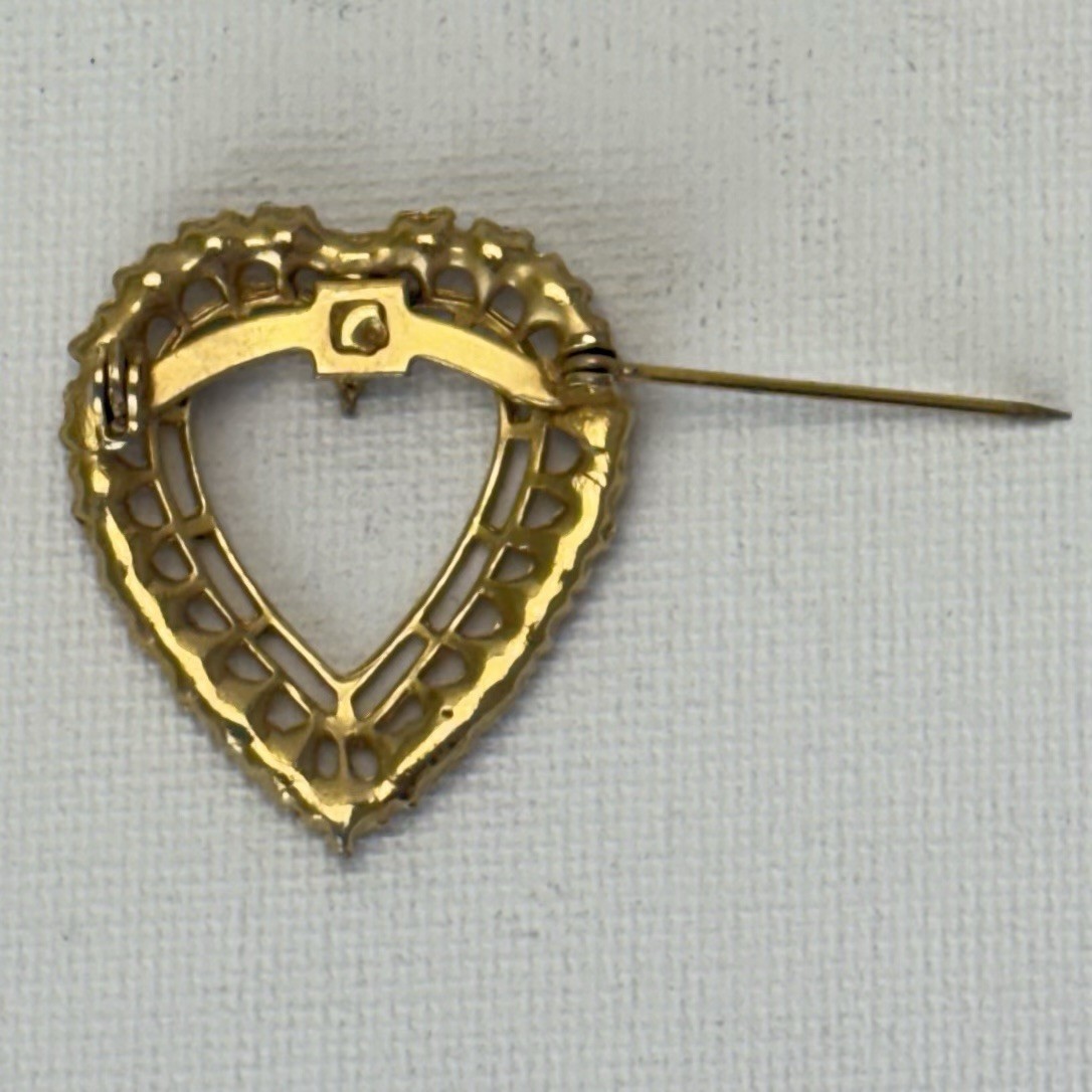 Gold Tone Heart Brooch With Red And White Stones