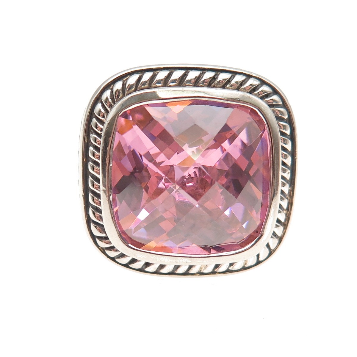 925 Sterling Silver Vintage Cushion-Cut Pink C Z Oxidized Ring Size 7.25