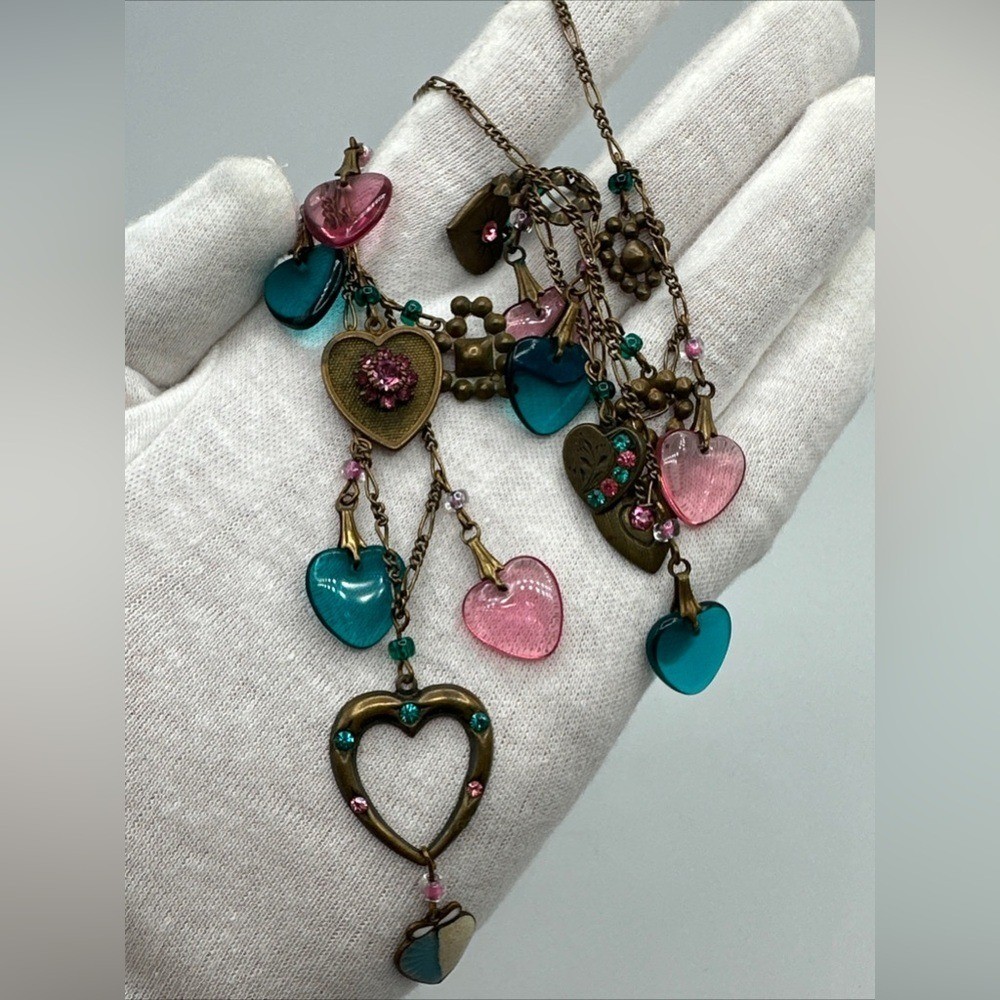 Vtg Glass Works Studio Necklace Enamel Heart Charm Long pink Blue 31″ Long #546