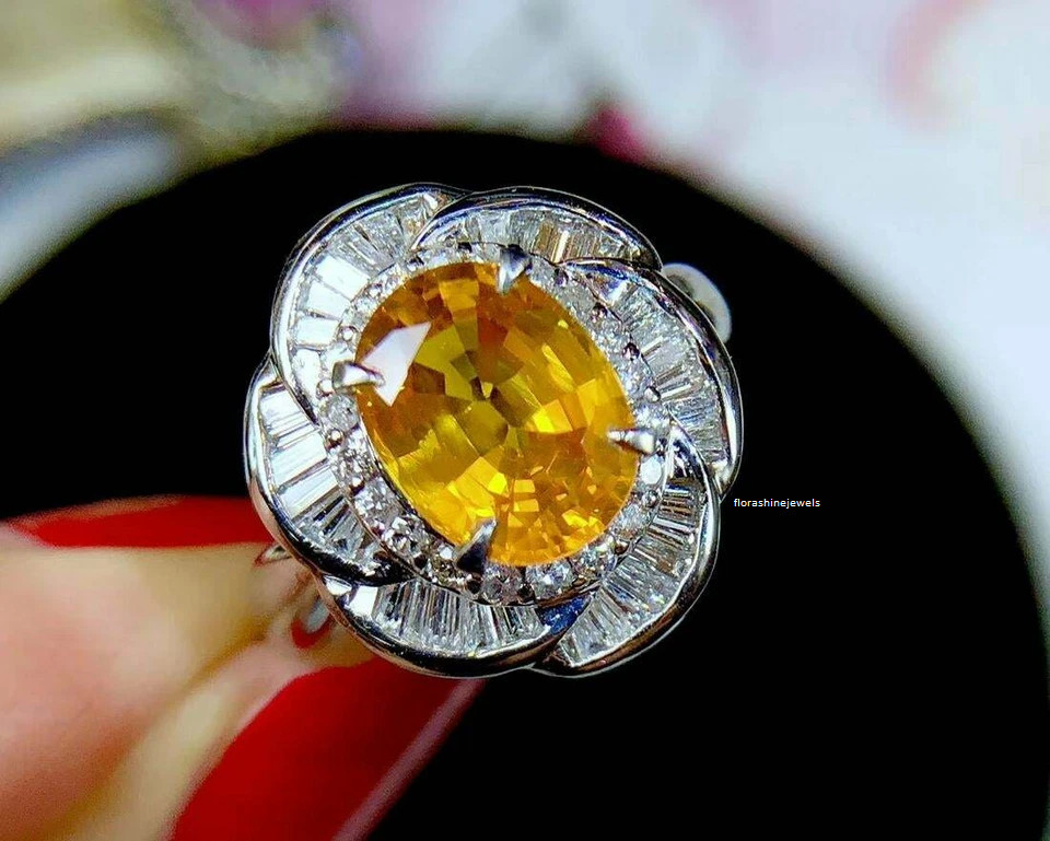Orange Yellow Oval Shape 2.69CT Citrine With Sparkling White CZ Cluster Ring FN
