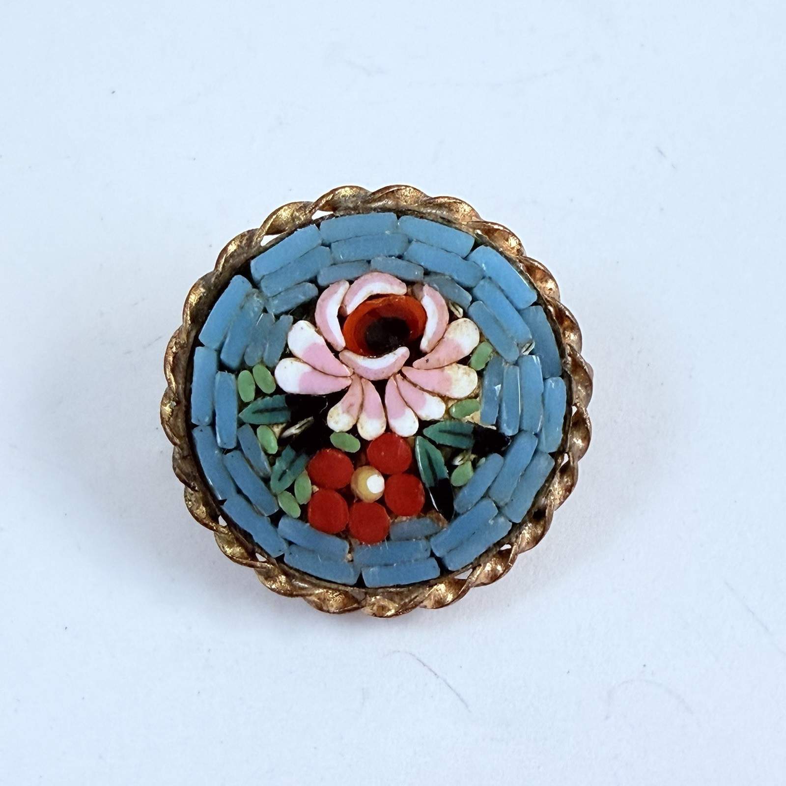 Vintage Glass Mosaic Flower Round Lapel Pin Brooch Italy