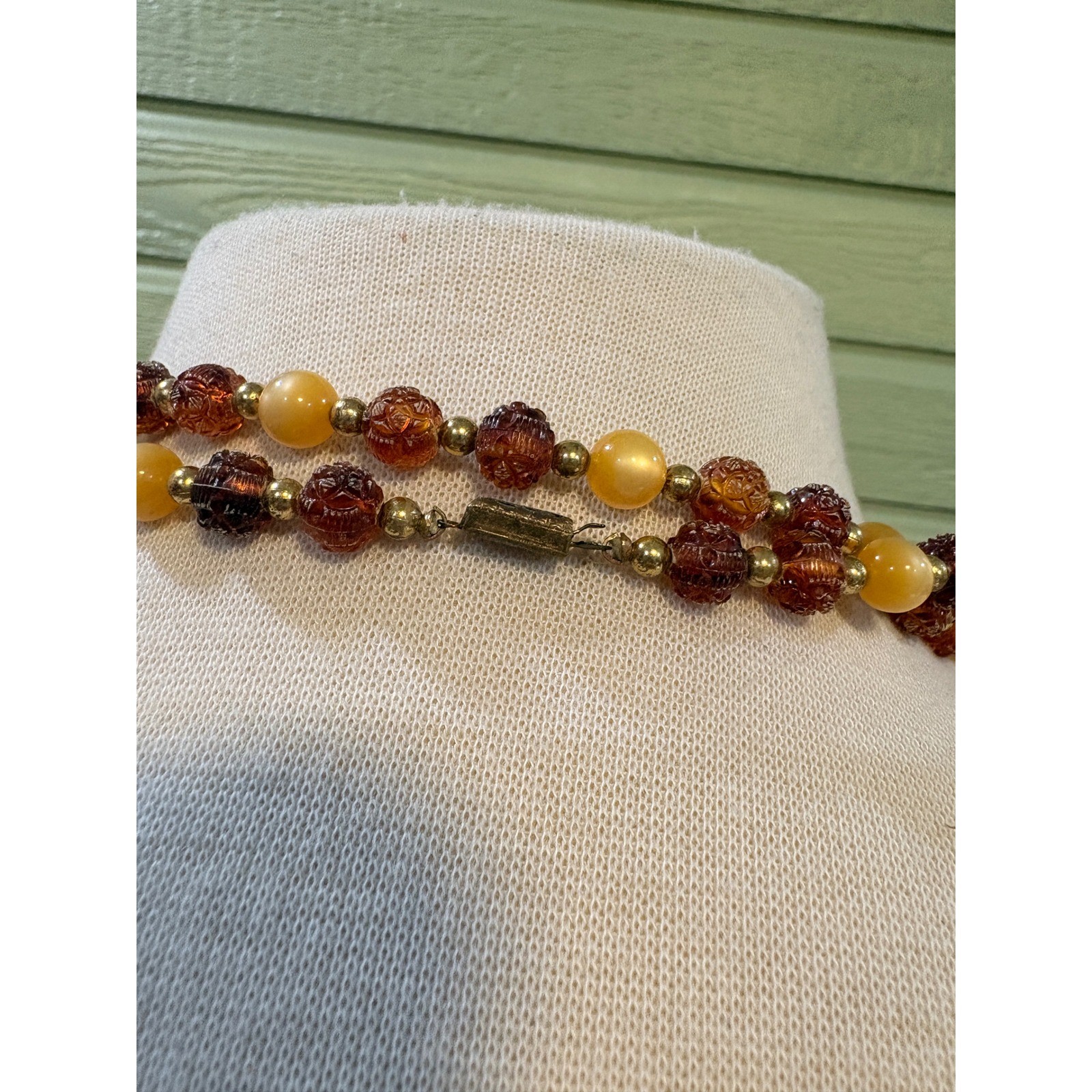 Vintage Yellow Carved Floral Beaded Opera Necklace 50 Inch Long Boho Retro