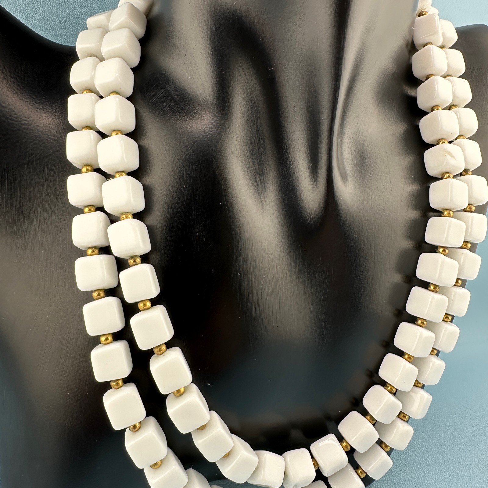 Vintage White Milk Glass Necklace Double Strand Square Shape Bead Retro Mod 18″