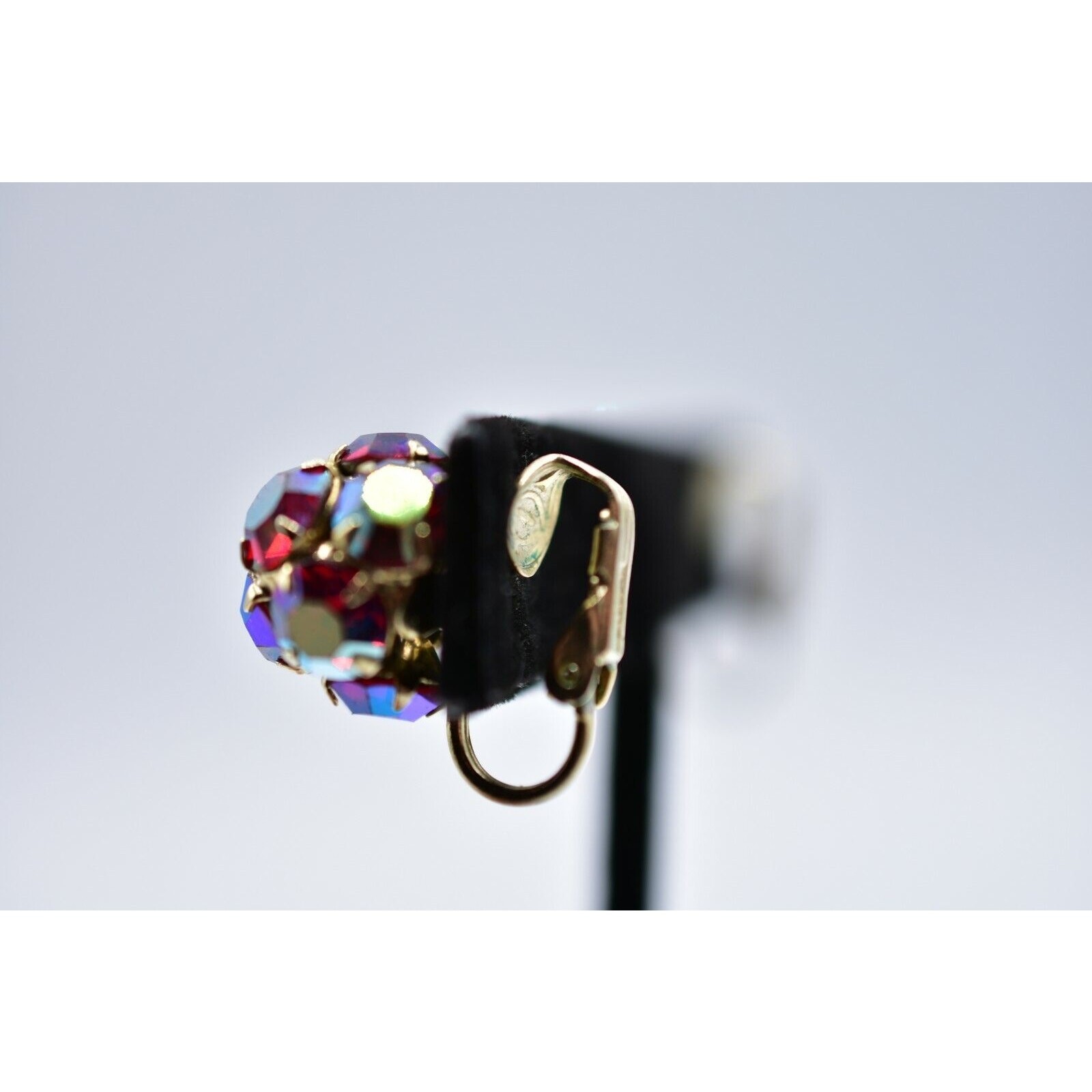 Kramer Vintage Crystal Clip On Earrings Red Aurora Borealis Signed 1950s Bin4